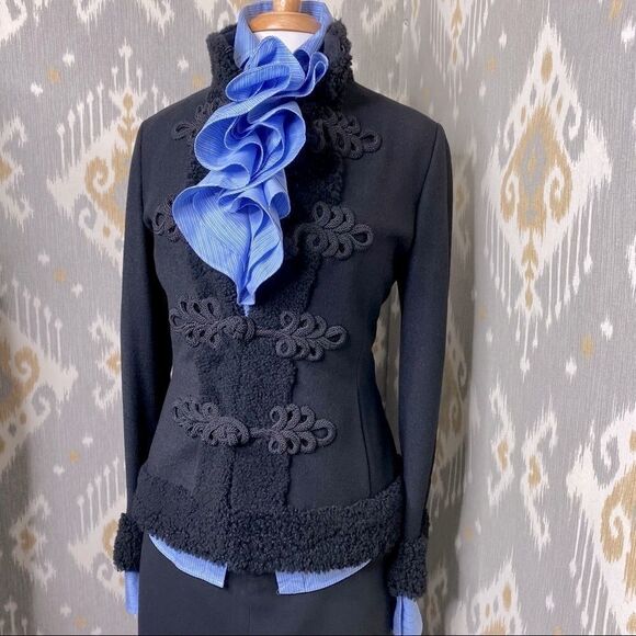 Ralph Lauren Black Wool Flannel Lamb Fur Trimmed Passementerie Military Jacket - Picture 14 of 17